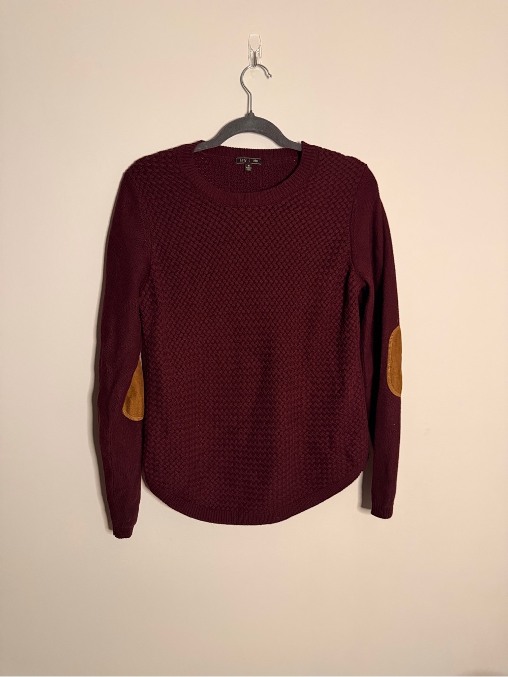 Classic Burgundy Crewneck Sweater with Tan Elbow Patches - Women's